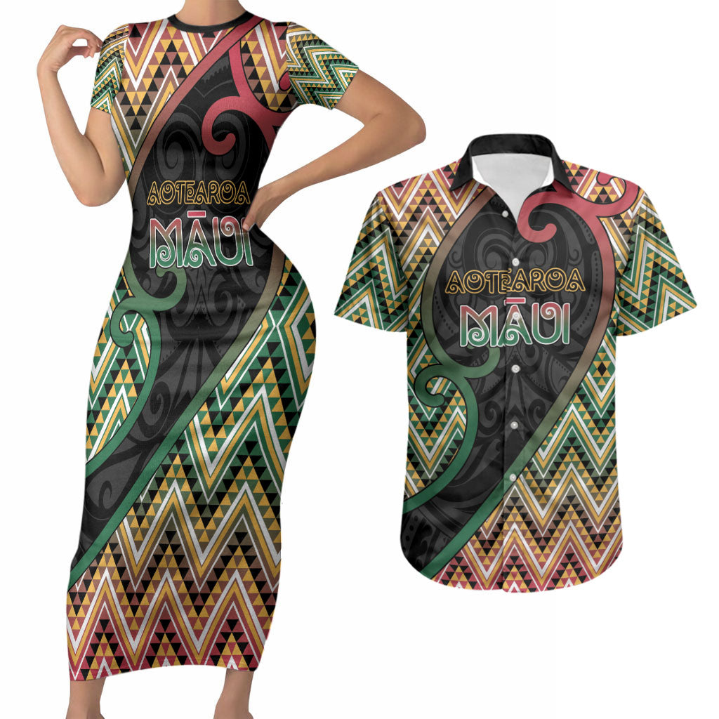 Custom Aotearoa Atua Maui Couples Matching Short Sleeve Bodycon Dress and Hawaiian Shirt Demigod Hero And Trickster Koru Patterns