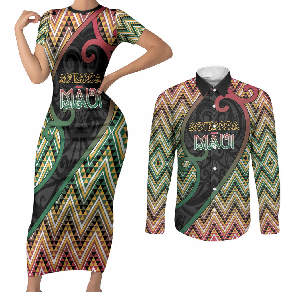Custom Aotearoa Atua Maui Couples Matching Short Sleeve Bodycon Dress and Long Sleeve Button Shirt Demigod Hero And Trickster Koru Patterns