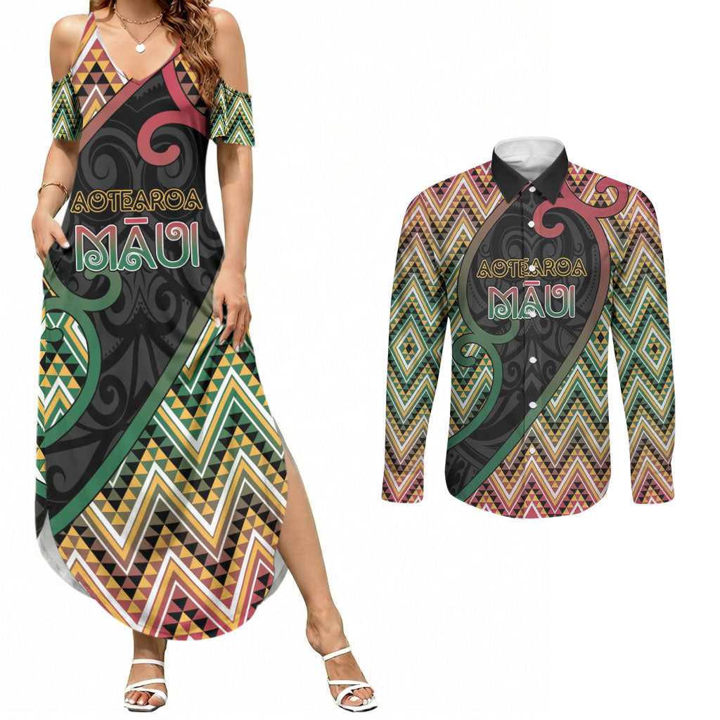 Custom Aotearoa Atua Maui Couples Matching Summer Maxi Dress and Long Sleeve Button Shirt Demigod Hero And Trickster Koru Patterns