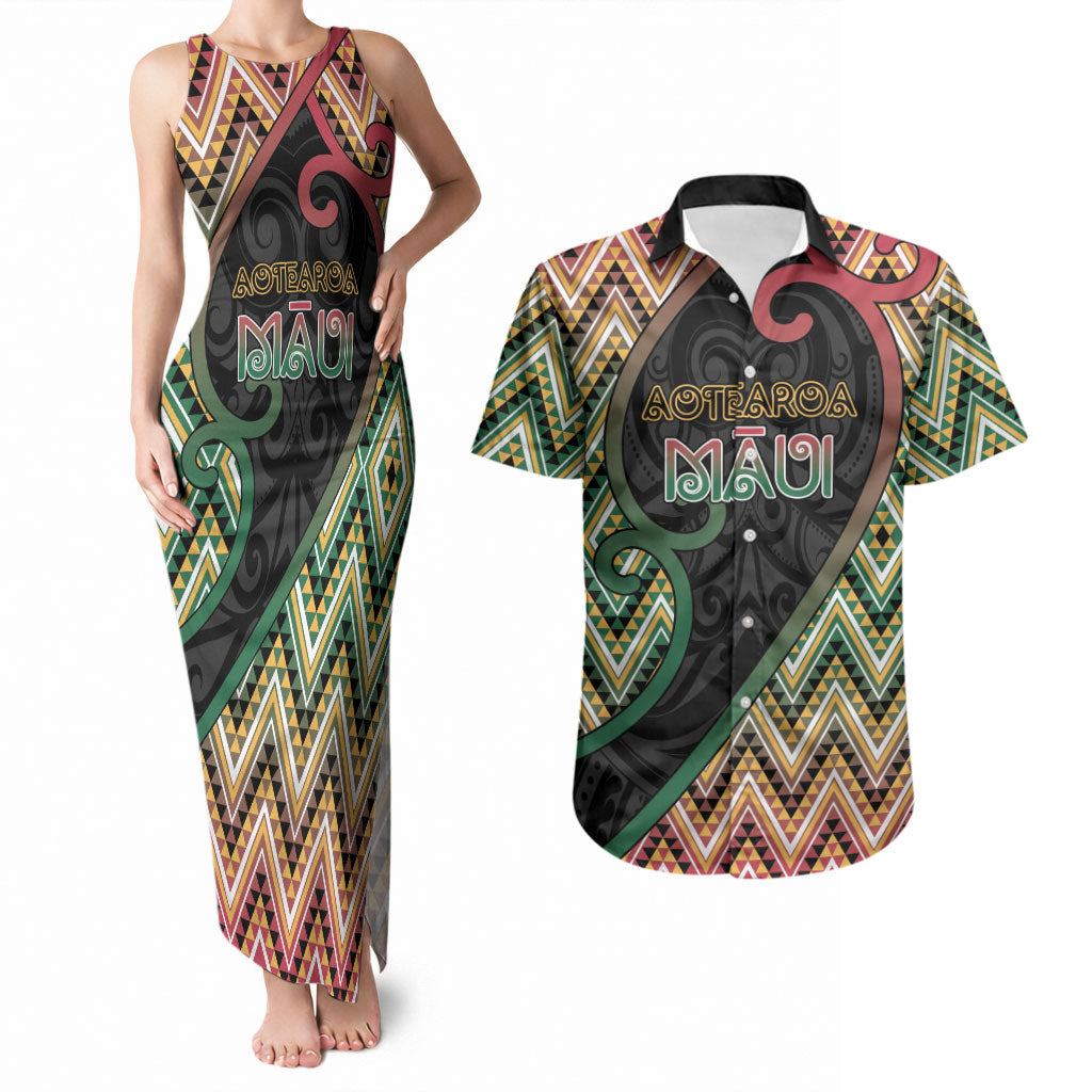Custom Aotearoa Atua Maui Couples Matching Tank Maxi Dress and Hawaiian Shirt Demigod Hero And Trickster Koru Patterns