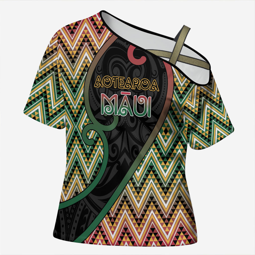 Custom Aotearoa Atua Maui Cross Shoulder Shirt Demigod Hero And Trickster Koru Patterns