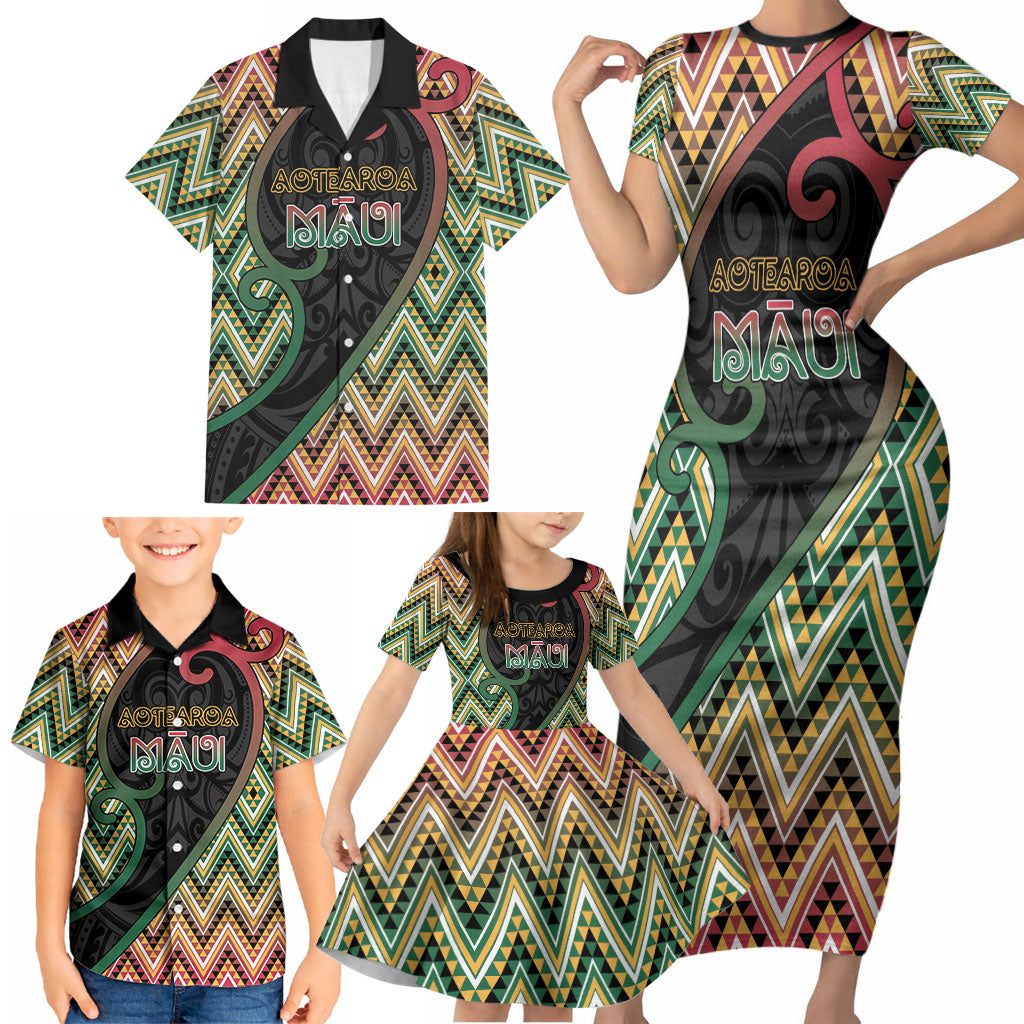 Custom Aotearoa Atua Maui Family Matching Short Sleeve Bodycon Dress and Hawaiian Shirt Demigod Hero And Trickster Koru Patterns