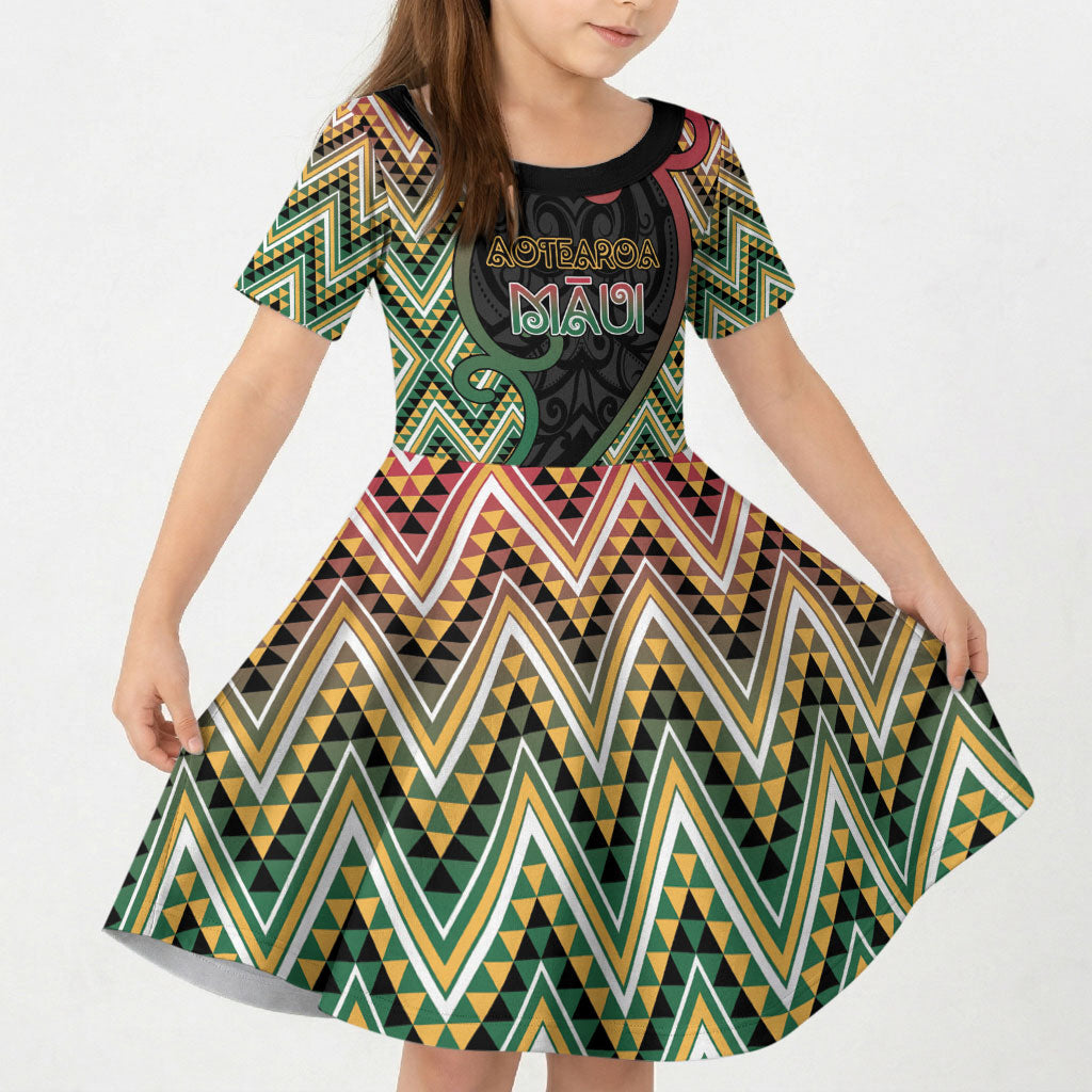 Custom Aotearoa Atua Maui Kid Short Sleeve Dress Demigod Hero And Trickster Koru Patterns