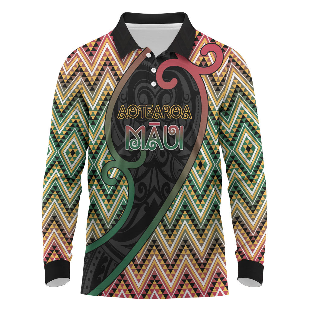 Custom Aotearoa Atua Maui Long Sleeve Polo Shirt Demigod Hero And Trickster Koru Patterns