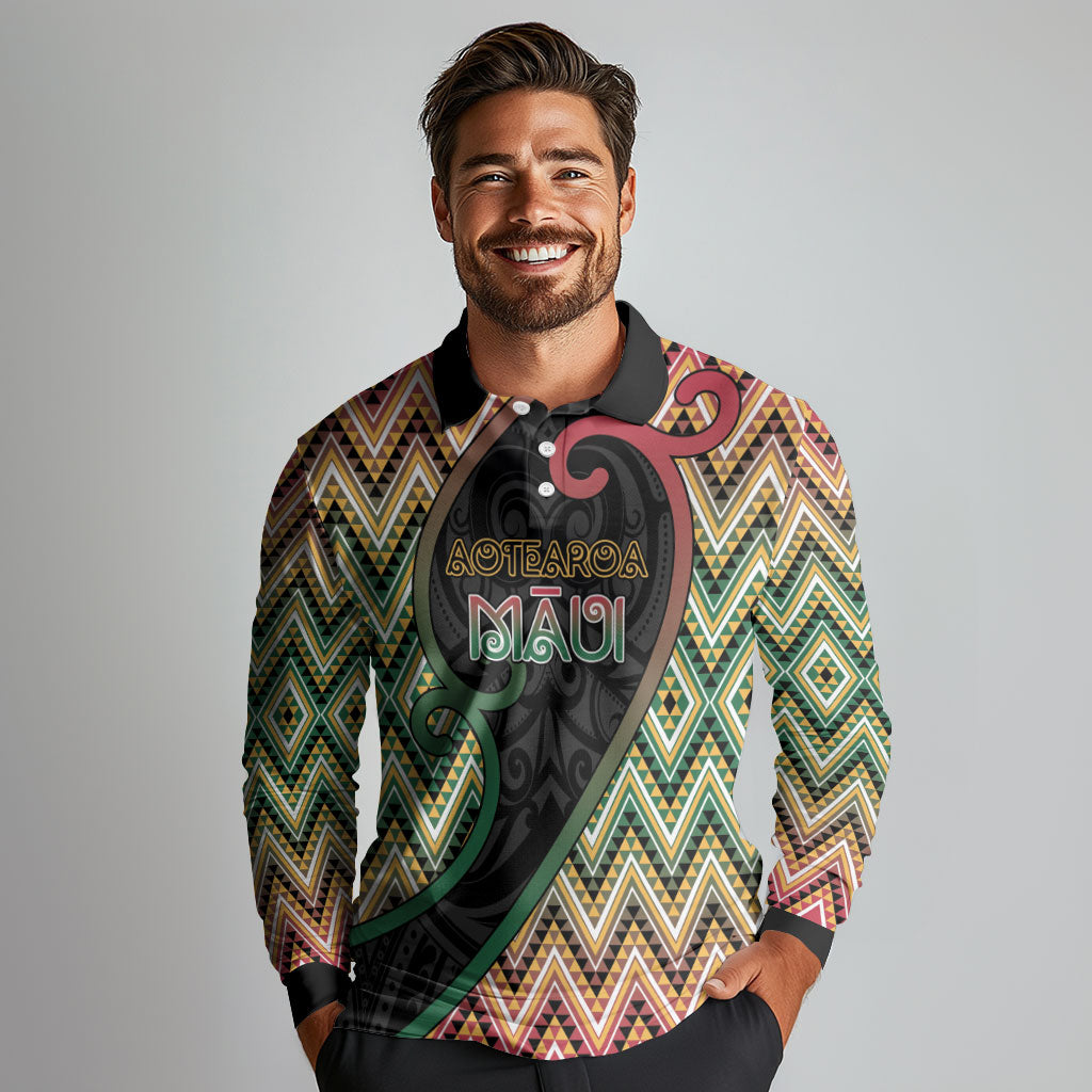 Custom Aotearoa Atua Maui Long Sleeve Polo Shirt Demigod Hero And Trickster Koru Patterns