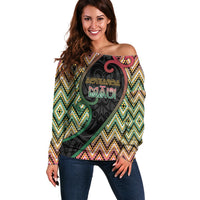 Custom Aotearoa Atua Maui Off Shoulder Sweater Demigod Hero And Trickster Koru Patterns
