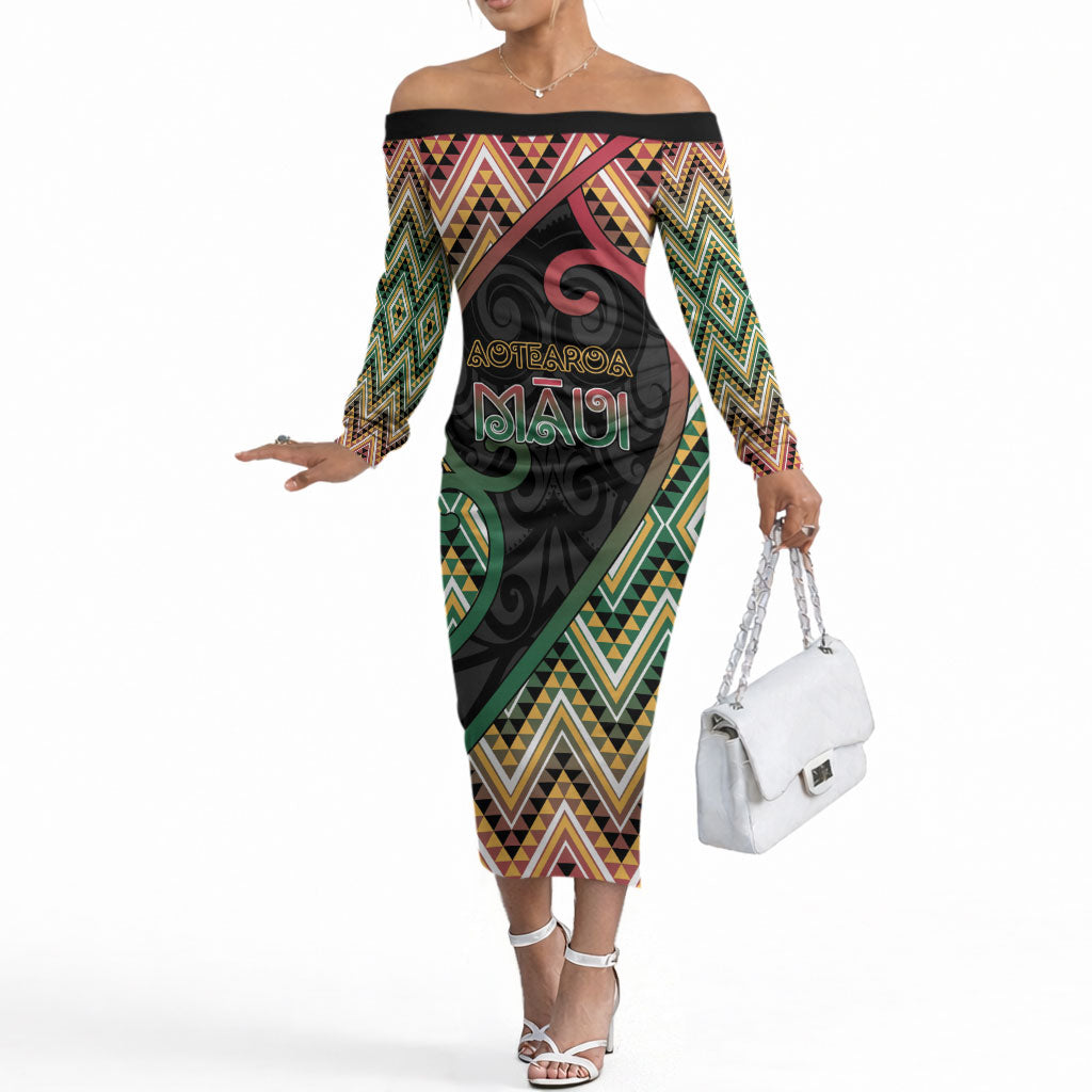 Custom Aotearoa Atua Maui Off The Shoulder Long Sleeve Dress Demigod Hero And Trickster Koru Patterns