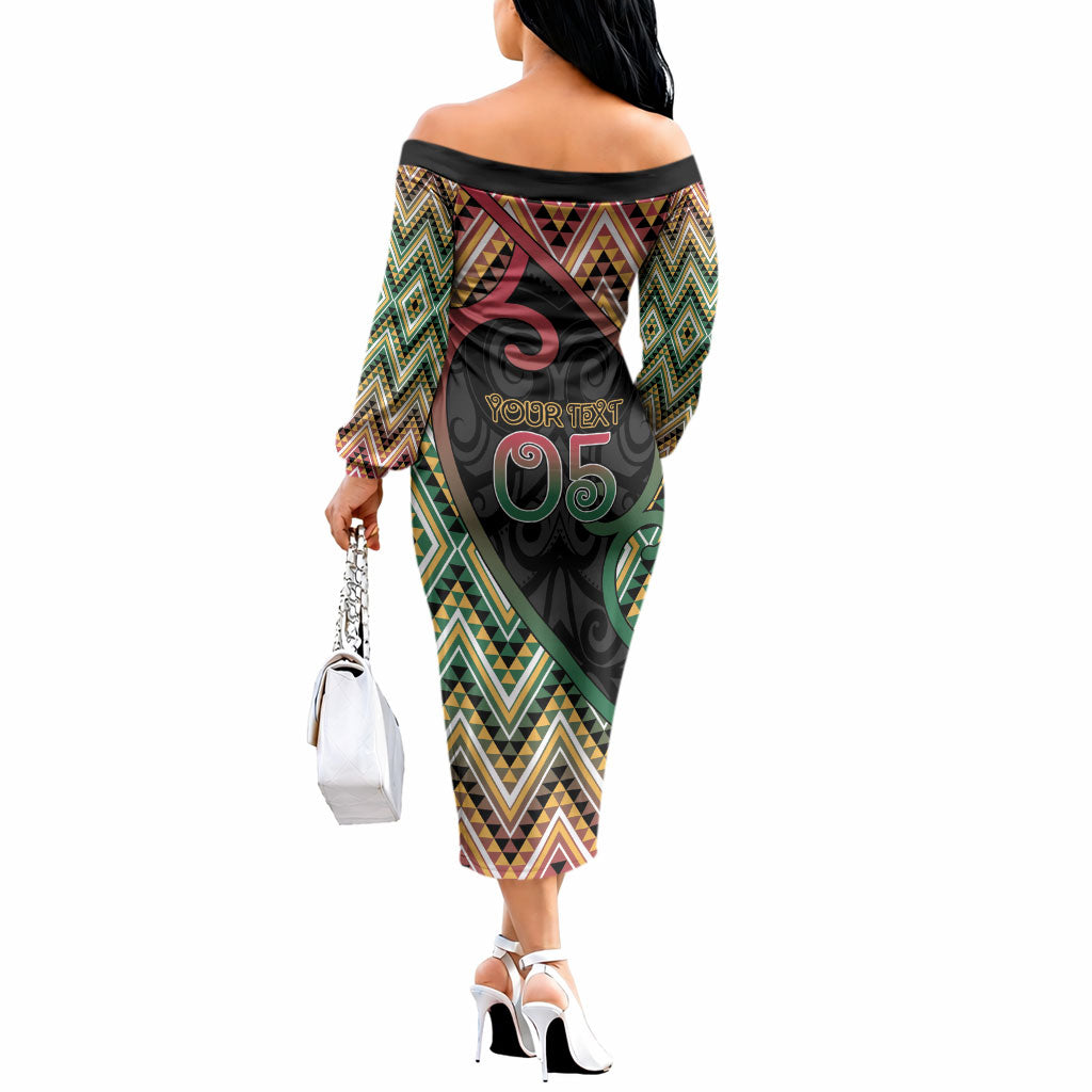 Custom Aotearoa Atua Maui Off The Shoulder Long Sleeve Dress Demigod Hero And Trickster Koru Patterns