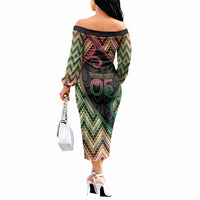 Custom Aotearoa Atua Maui Off The Shoulder Long Sleeve Dress Demigod Hero And Trickster Koru Patterns