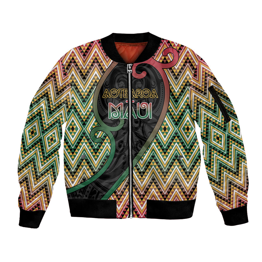 Custom Aotearoa Atua Maui Sleeve Zip Bomber Jacket Demigod Hero And Trickster Koru Patterns