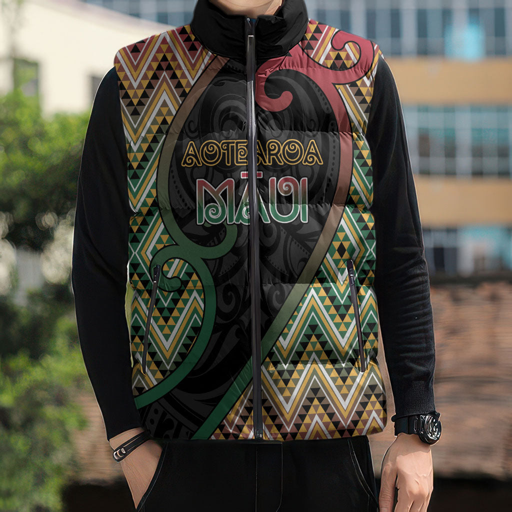 Custom Aotearoa Atua Maui Sleeveless Puffer Jacket Demigod Hero And Trickster Koru Patterns