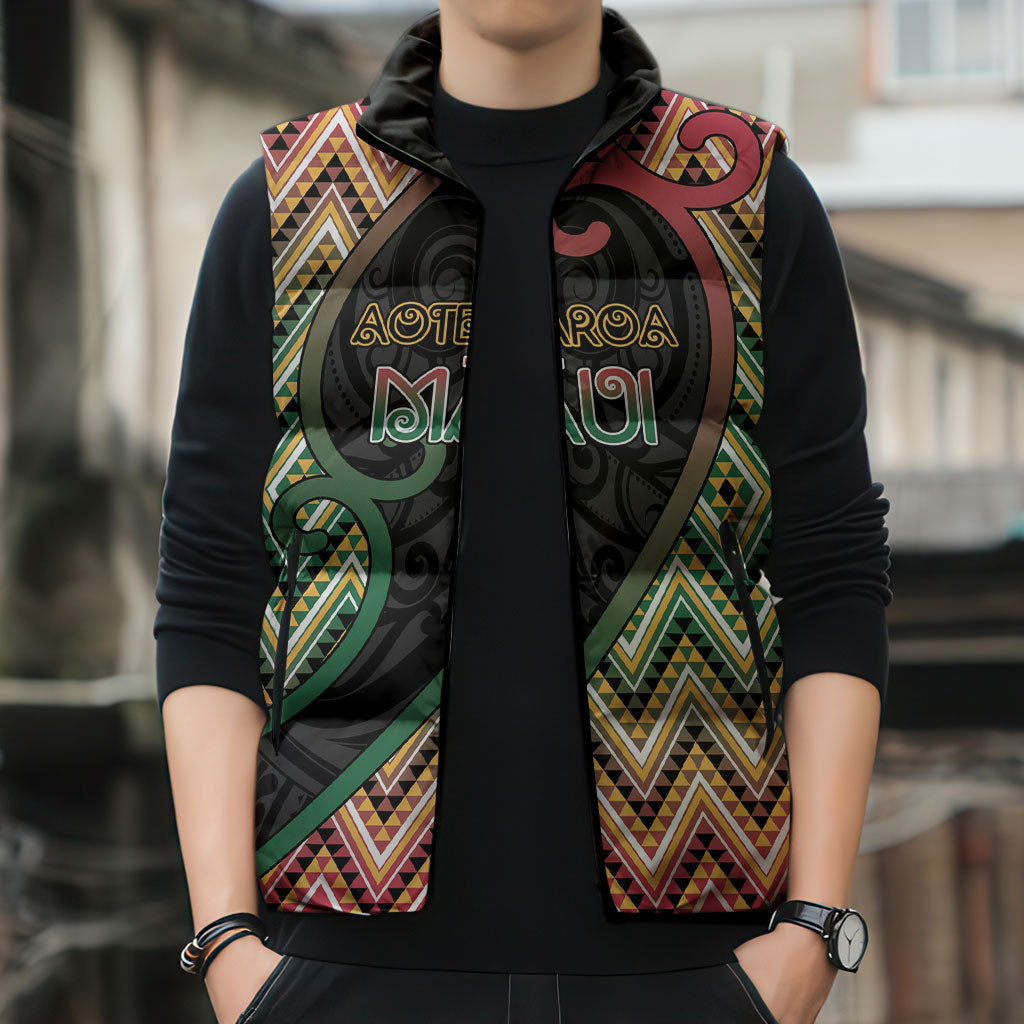 Custom Aotearoa Atua Maui Sleeveless Puffer Jacket Demigod Hero And Trickster Koru Patterns