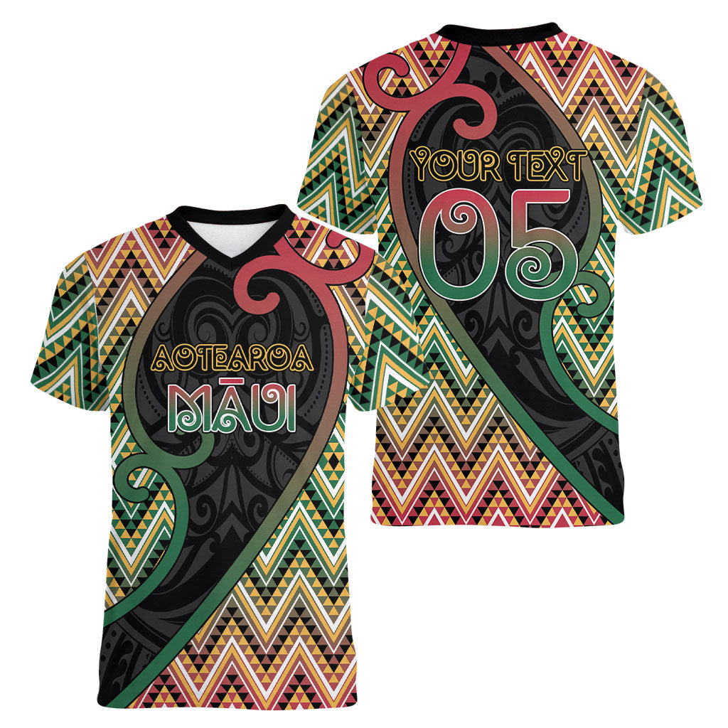 Custom Aotearoa Atua Maui Women V-Neck T-Shirt Demigod Hero And Trickster Koru Patterns