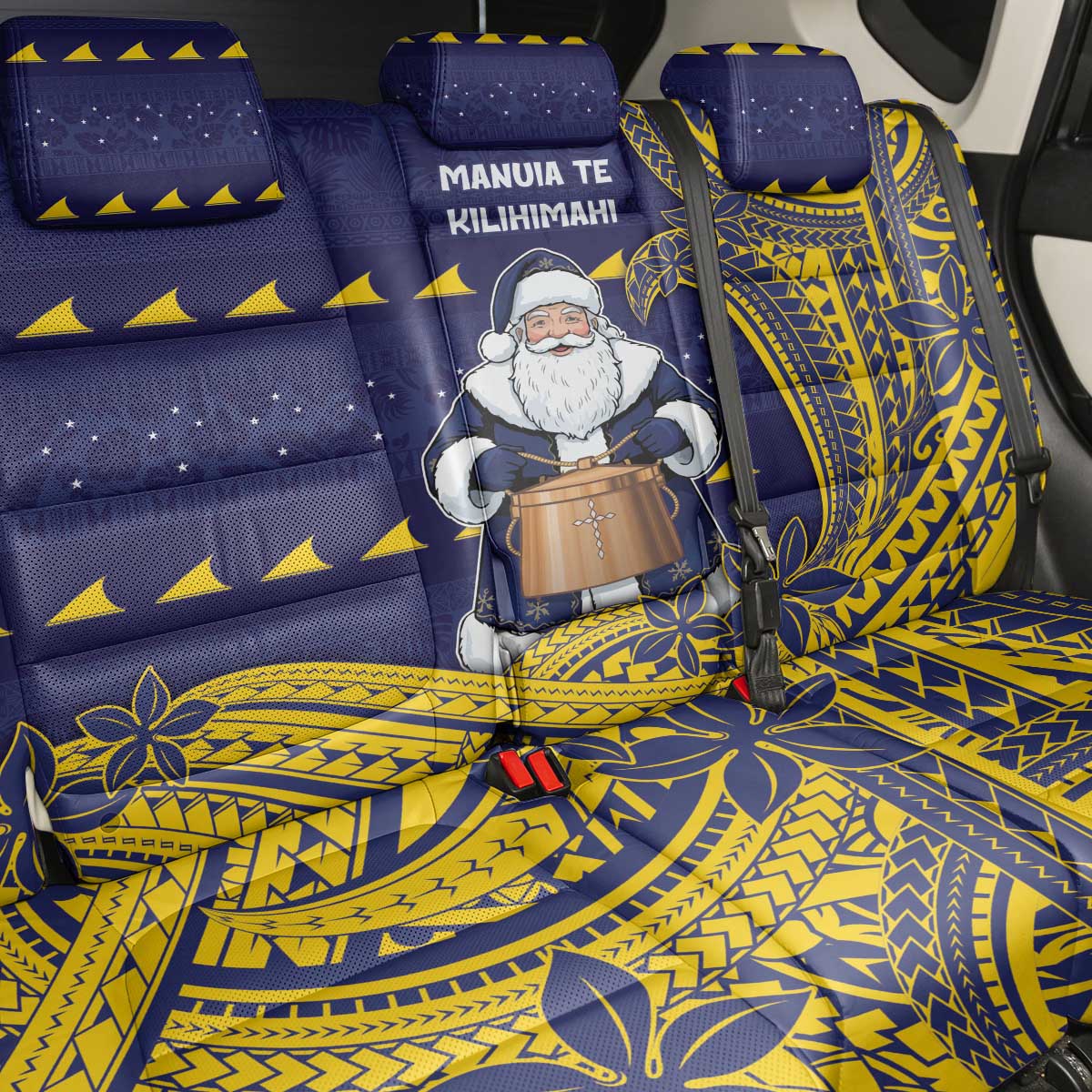 Tokelau Christmas Back Car Seat Cover Santa With Tuluma Xmas Tribal Waves - Polynesian Pride