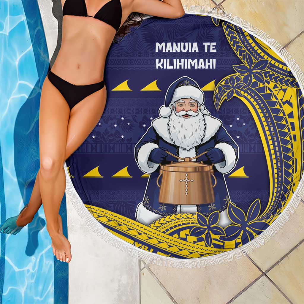 Tokelau Christmas Beach Blanket Santa With Tuluma Xmas Tribal Waves - Polynesian Pride