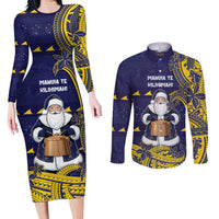 Tokelau Christmas Couples Matching Long Sleeve Bodycon Dress and Long Sleeve Button Shirt Santa With Tuluma Xmas Tribal Waves - Polynesian Pride