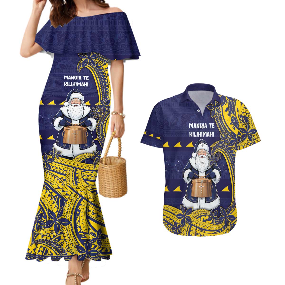Tokelau Christmas Couples Matching Mermaid Dress and Hawaiian Shirt Santa With Tuluma Xmas Tribal Waves - Polynesian Pride
