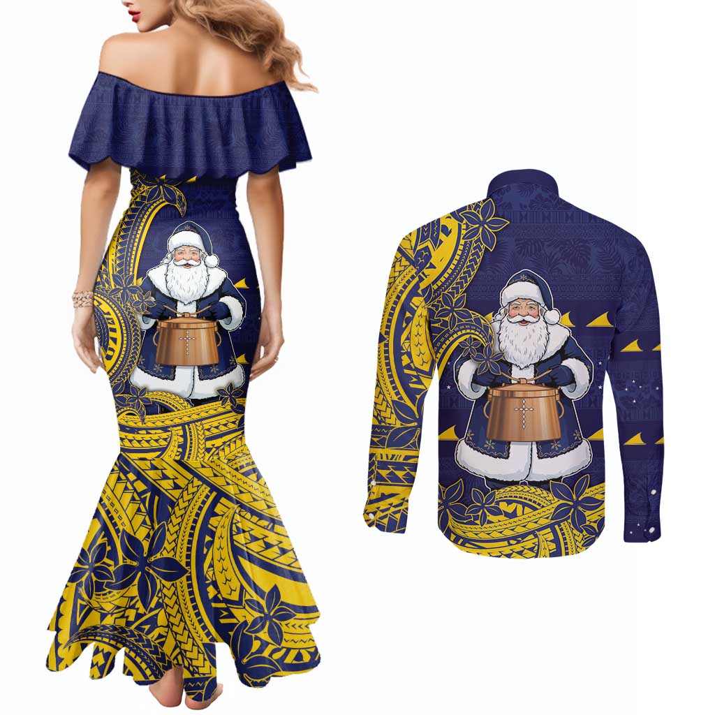 Tokelau Christmas Couples Matching Mermaid Dress and Long Sleeve Button Shirt Santa With Tuluma Xmas Tribal Waves - Polynesian Pride