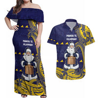 Tokelau Christmas Couples Matching Off Shoulder Maxi Dress and Hawaiian Shirt Santa With Tuluma Xmas Tribal Waves - Polynesian Pride