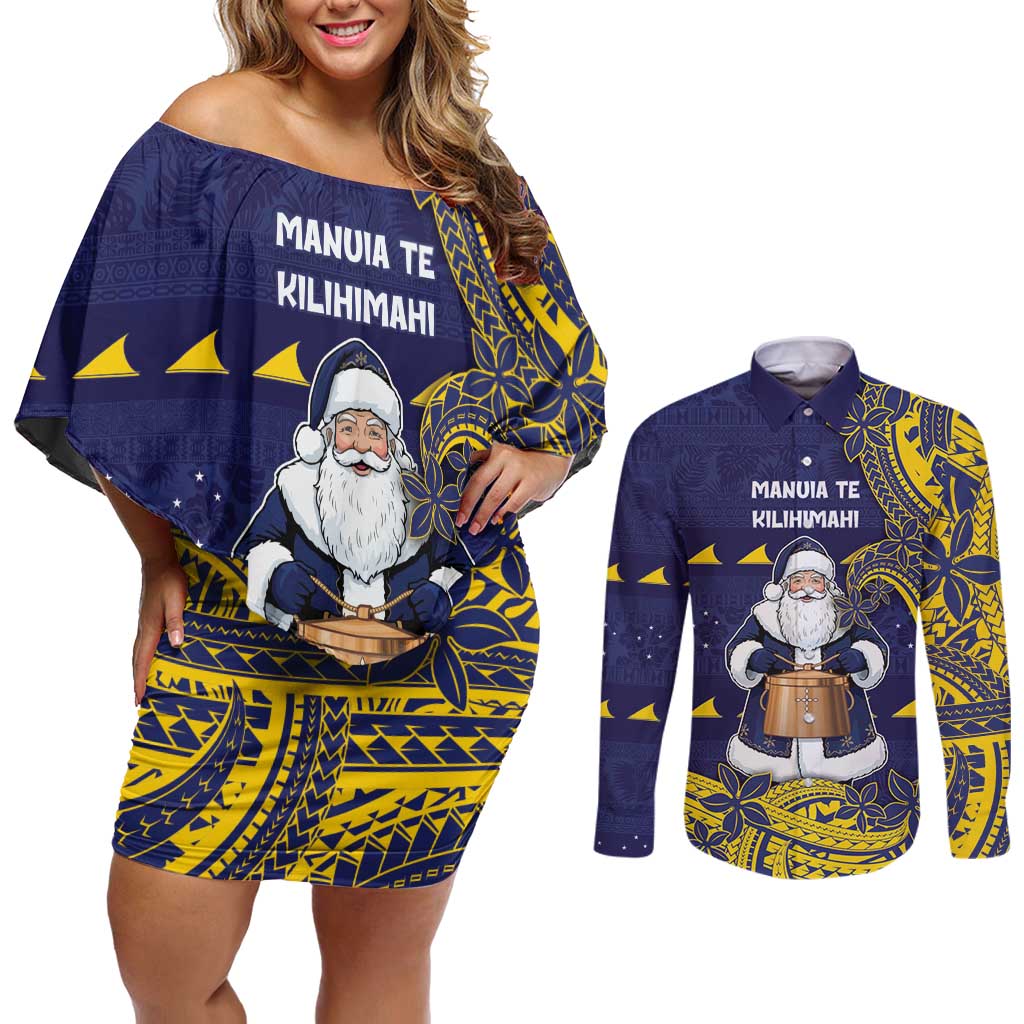 Tokelau Christmas Couples Matching Off Shoulder Short Dress and Long Sleeve Button Shirt Santa With Tuluma Xmas Tribal Waves - Polynesian Pride