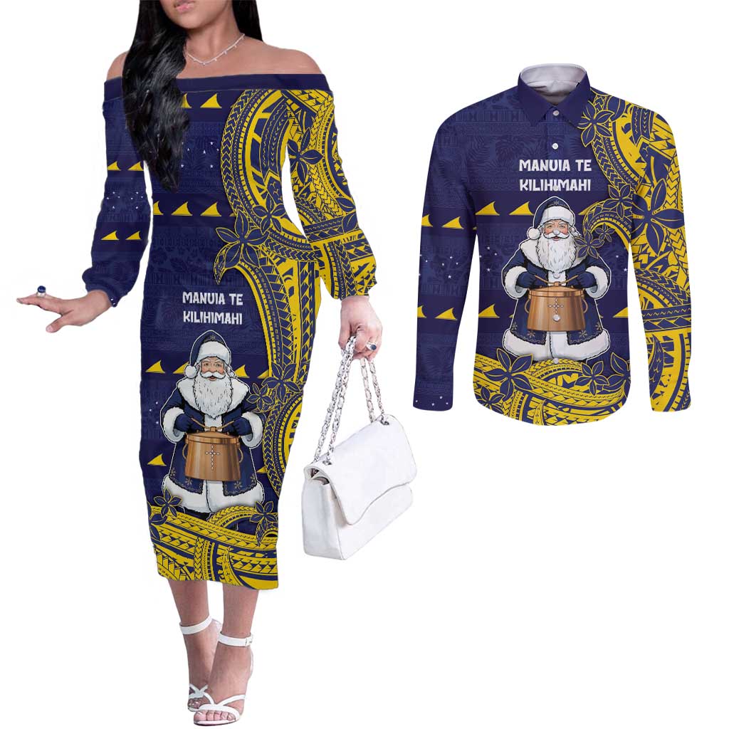 Tokelau Christmas Couples Matching Off The Shoulder Long Sleeve Dress and Long Sleeve Button Shirt Santa With Tuluma Xmas Tribal Waves - Polynesian Pride