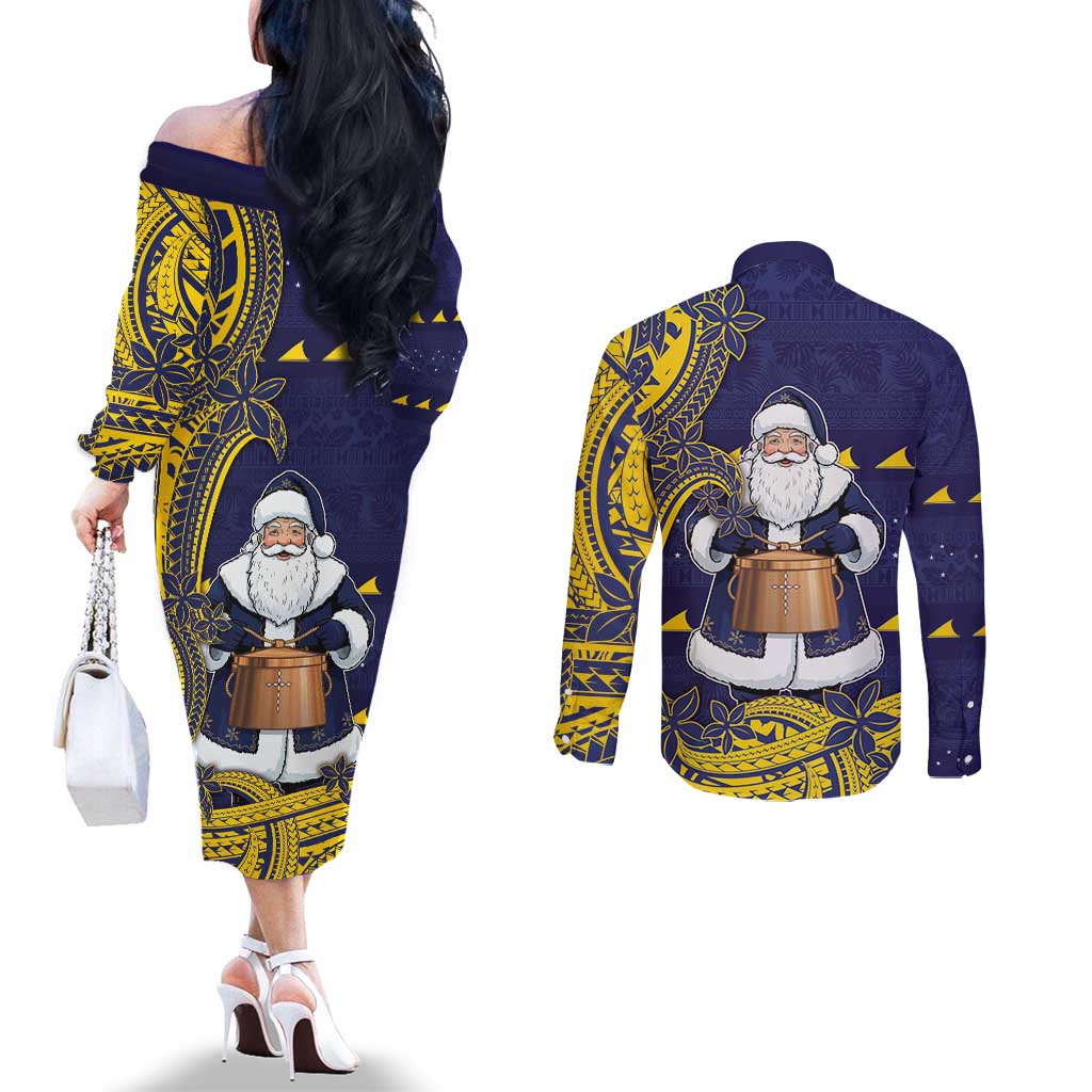 Tokelau Christmas Couples Matching Off The Shoulder Long Sleeve Dress and Long Sleeve Button Shirt Santa With Tuluma Xmas Tribal Waves - Polynesian Pride