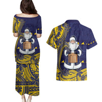 Tokelau Christmas Couples Matching Puletasi and Hawaiian Shirt Santa With Tuluma Xmas Tribal Waves - Polynesian Pride