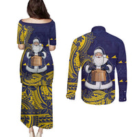 Tokelau Christmas Couples Matching Puletasi and Long Sleeve Button Shirt Santa With Tuluma Xmas Tribal Waves - Polynesian Pride