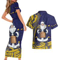 Tokelau Christmas Couples Matching Short Sleeve Bodycon Dress and Hawaiian Shirt Santa With Tuluma Xmas Tribal Waves - Polynesian Pride
