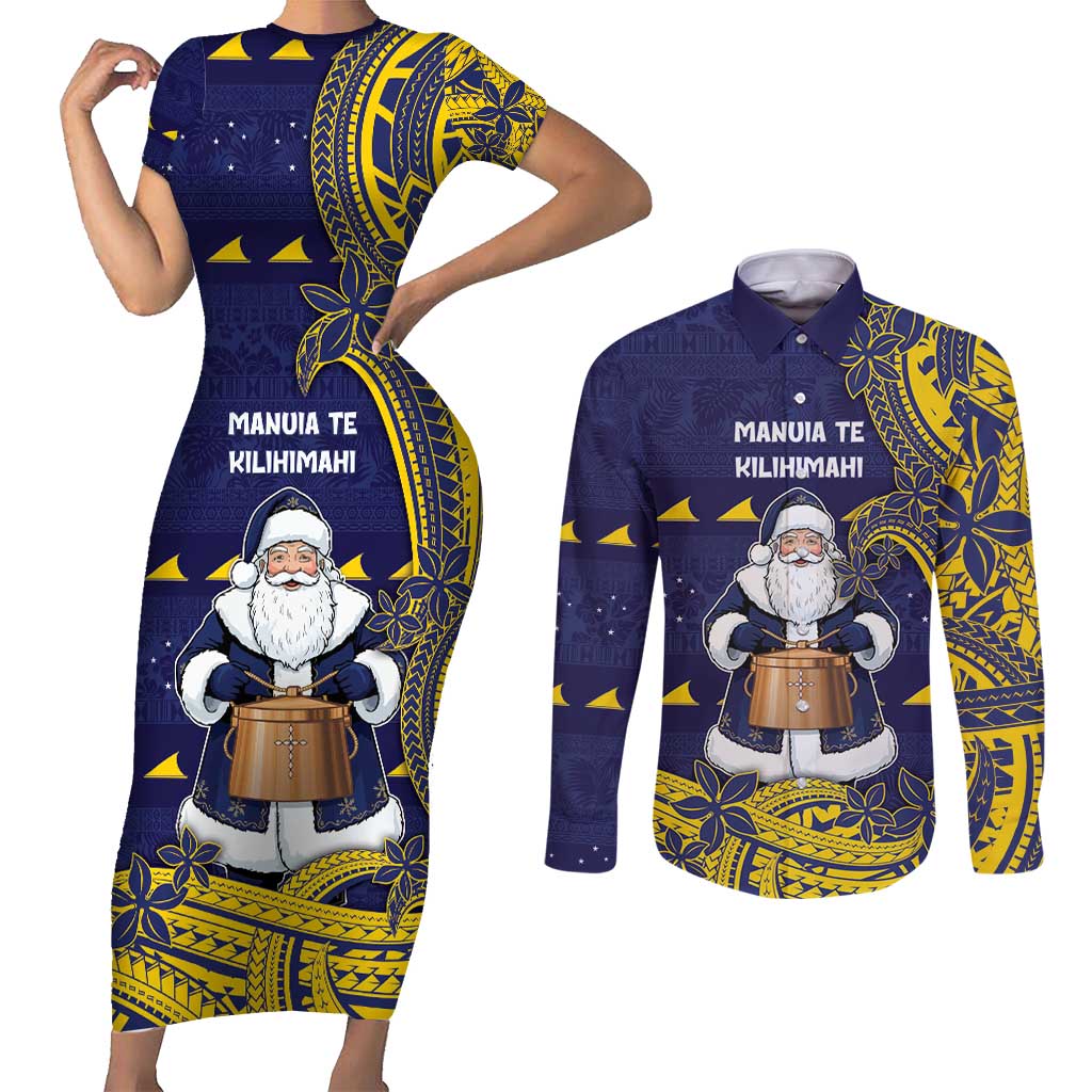 Tokelau Christmas Couples Matching Short Sleeve Bodycon Dress and Long Sleeve Button Shirt Santa With Tuluma Xmas Tribal Waves - Polynesian Pride