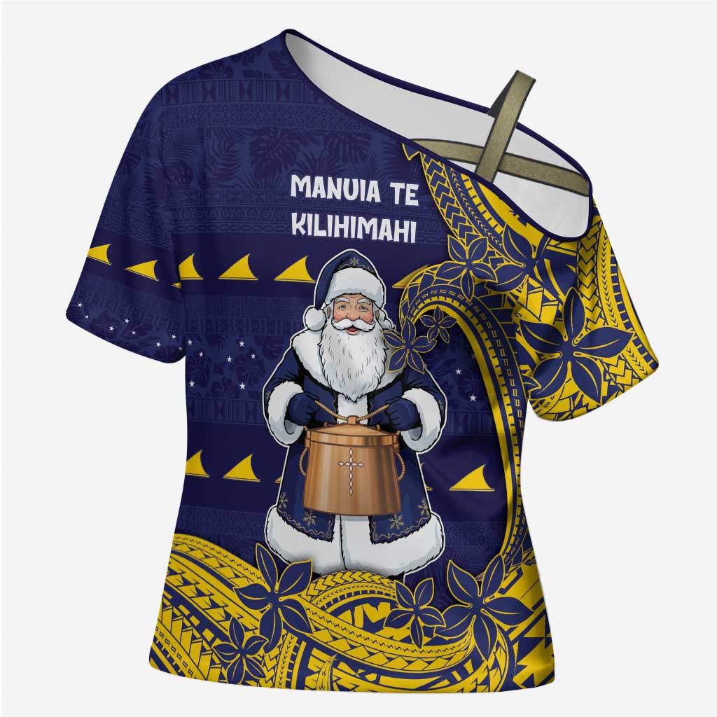 Tokelau Christmas Cross Shoulder Shirt Santa With Tuluma Xmas Tribal Waves - Polynesian Pride