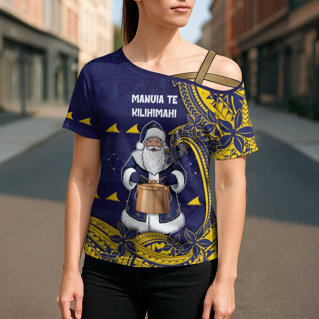 Tokelau Christmas Cross Shoulder Shirt Santa With Tuluma Xmas Tribal Waves - Polynesian Pride