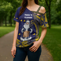Tokelau Christmas Cross Shoulder Shirt Santa With Tuluma Xmas Tribal Waves - Polynesian Pride