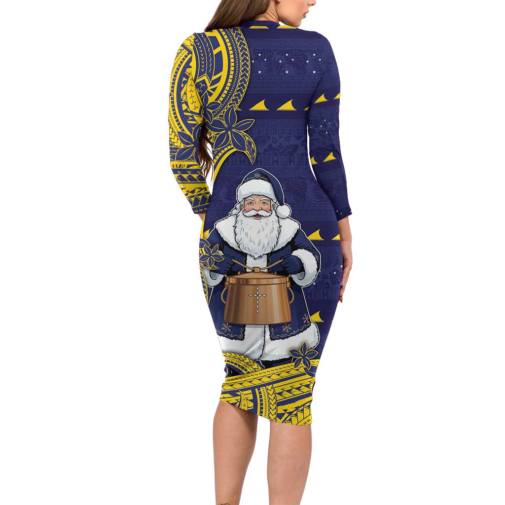 Tokelau Christmas Family Matching Long Sleeve Bodycon Dress and Hawaiian Shirt Santa With Tuluma Xmas Tribal Waves - Polynesian Pride