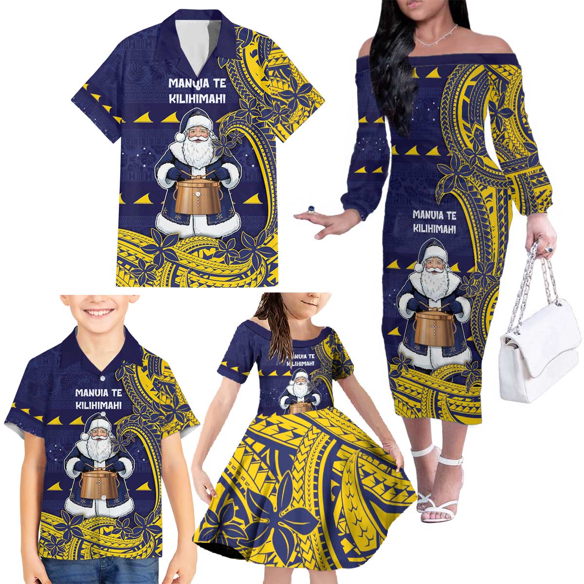 Tokelau Christmas Family Matching Off The Shoulder Long Sleeve Dress and Hawaiian Shirt Santa With Tuluma Xmas Tribal Waves - Polynesian Pride