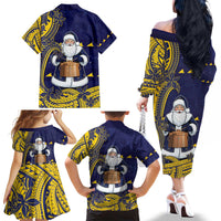 Tokelau Christmas Family Matching Off The Shoulder Long Sleeve Dress and Hawaiian Shirt Santa With Tuluma Xmas Tribal Waves - Polynesian Pride