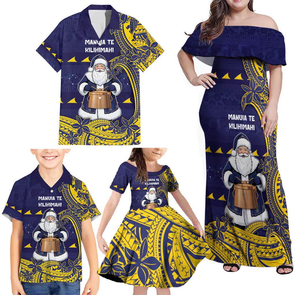 Tokelau Christmas Family Matching Off Shoulder Maxi Dress and Hawaiian Shirt Santa With Tuluma Xmas Tribal Waves - Polynesian Pride