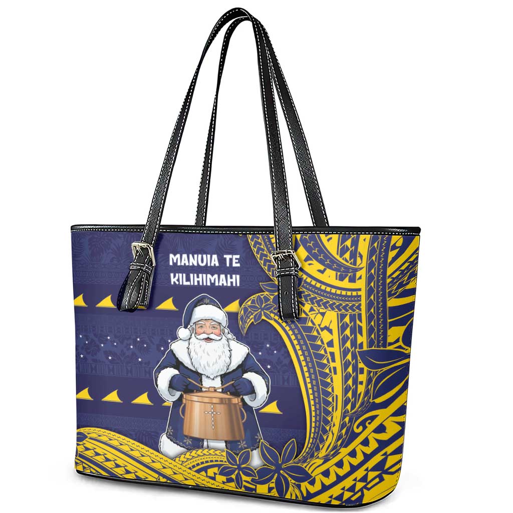 Tokelau Christmas Leather Tote Bag Santa With Tuluma Xmas Tribal Waves - Polynesian Pride