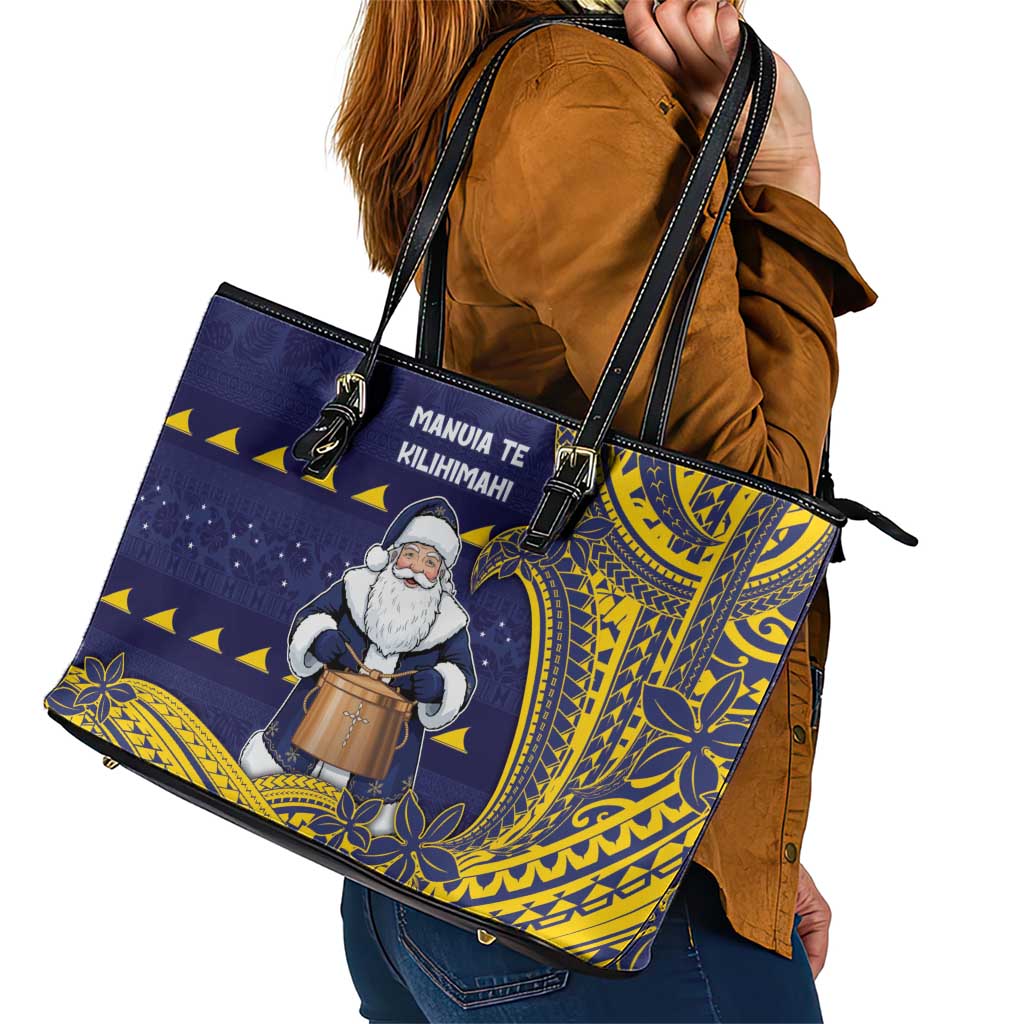 Tokelau Christmas Leather Tote Bag Santa With Tuluma Xmas Tribal Waves - Polynesian Pride