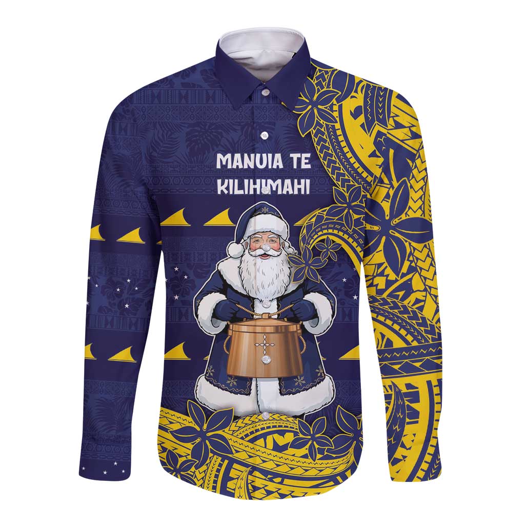 Tokelau Christmas Long Sleeve Button Shirt Santa With Tuluma Xmas Tribal Waves - Polynesian Pride Tokelau Christmas Long Sleeve Button Shirt Santa With Tuluma Xmas Tribal Waves - Polynesian Pride