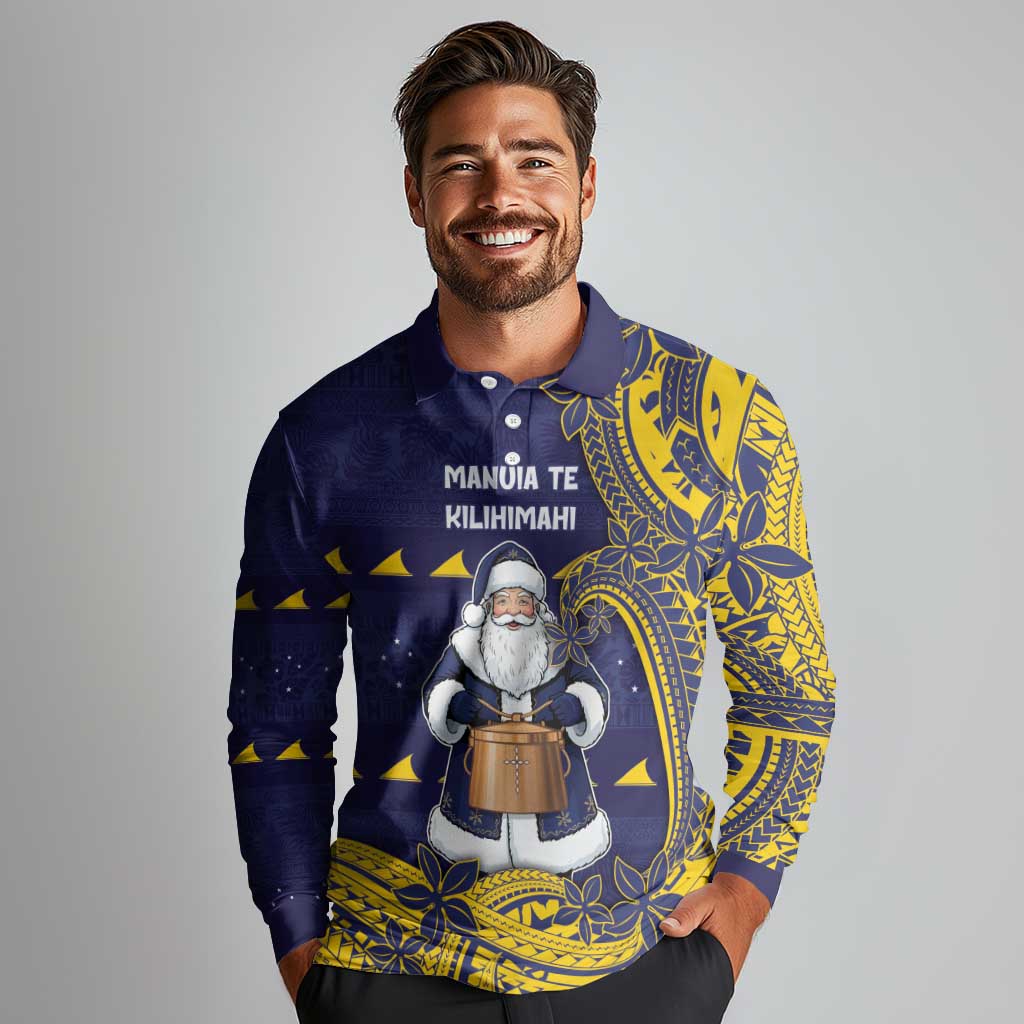 Tokelau Christmas Long Sleeve Polo Shirt Santa With Tuluma Xmas Tribal Waves - Polynesian Pride