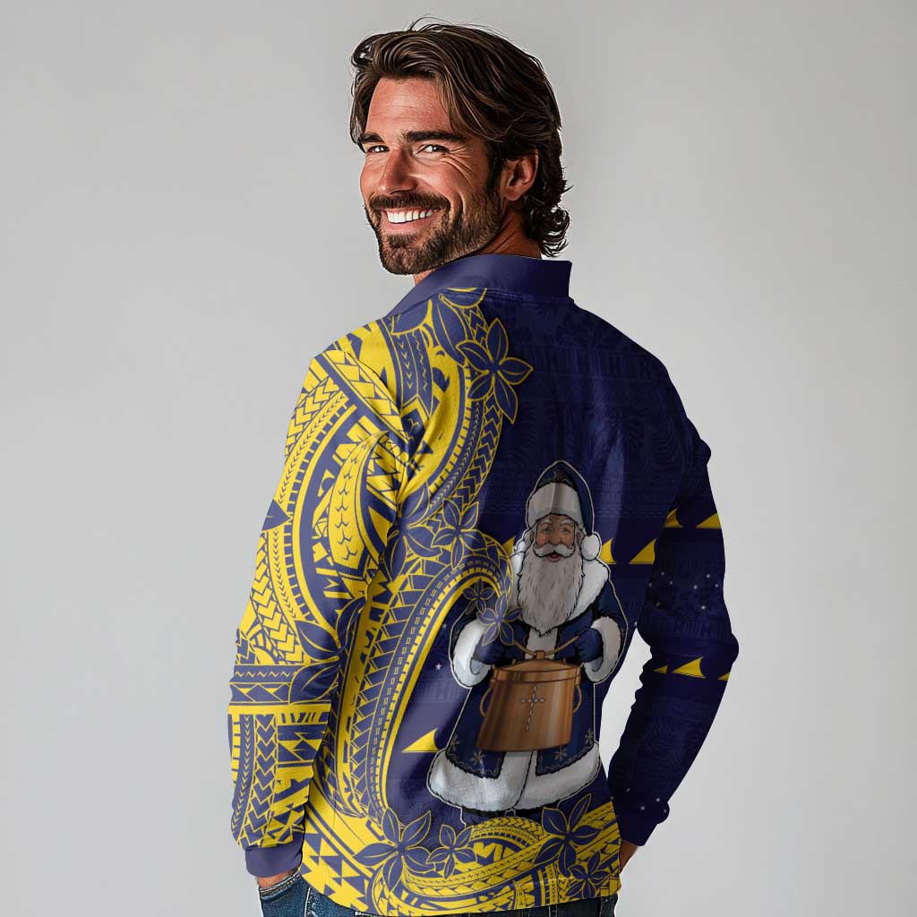 Tokelau Christmas Long Sleeve Polo Shirt Santa With Tuluma Xmas Tribal Waves - Polynesian Pride