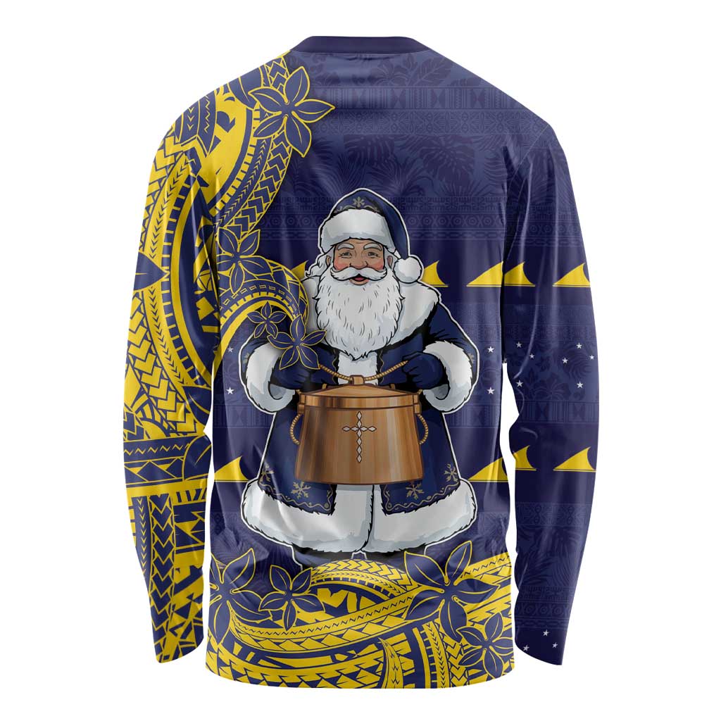 Tokelau Christmas Long Sleeve Shirt Santa With Tuluma Xmas Tribal Waves - Polynesian Pride
