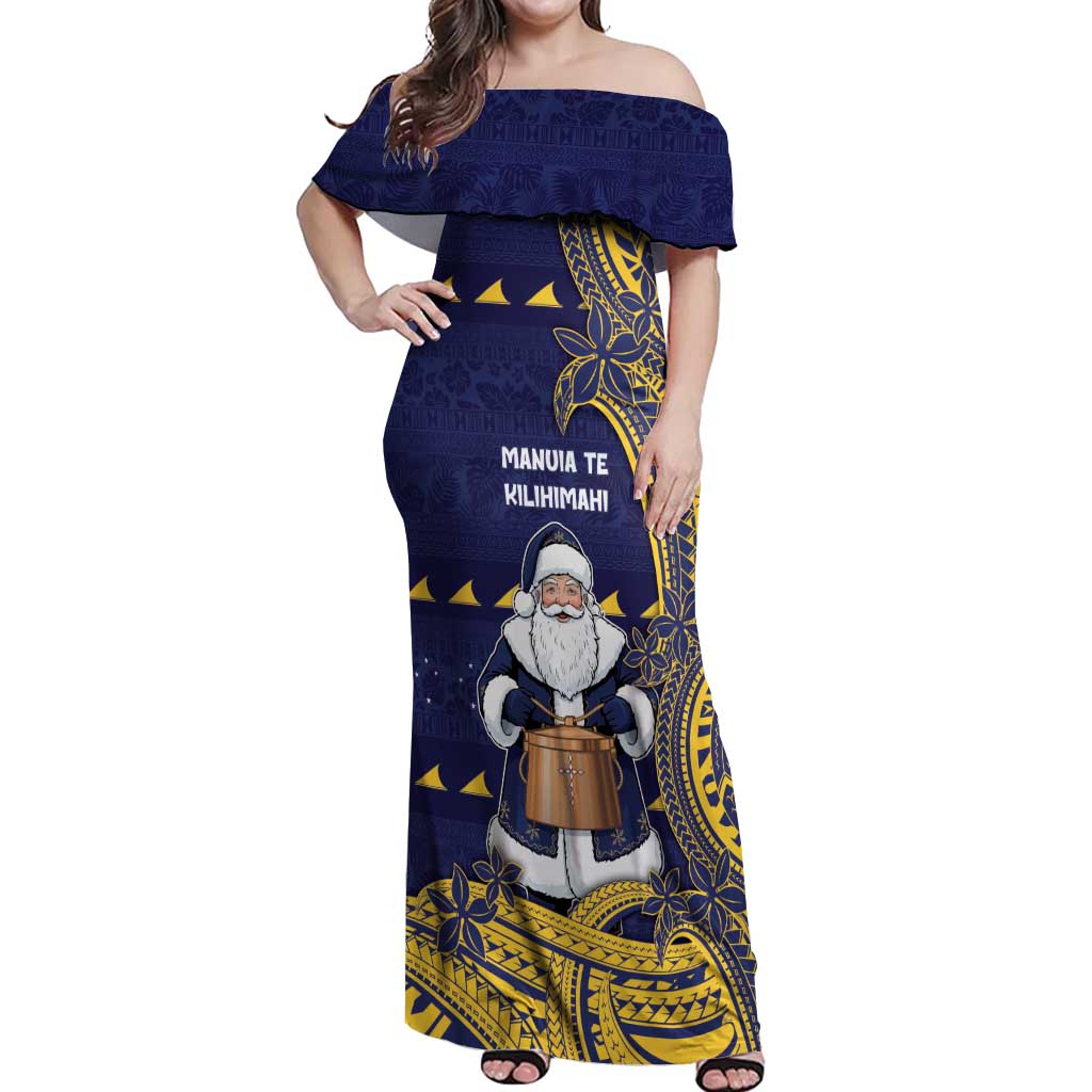 Tokelau Christmas Off Shoulder Maxi Dress Santa With Tuluma Xmas Tribal Waves - Polynesian Pride