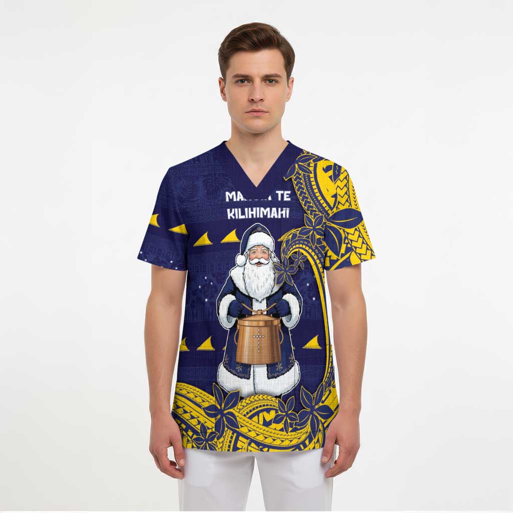 Tokelau Christmas Scrub Top Santa With Tuluma Xmas Tribal Waves - Polynesian Pride