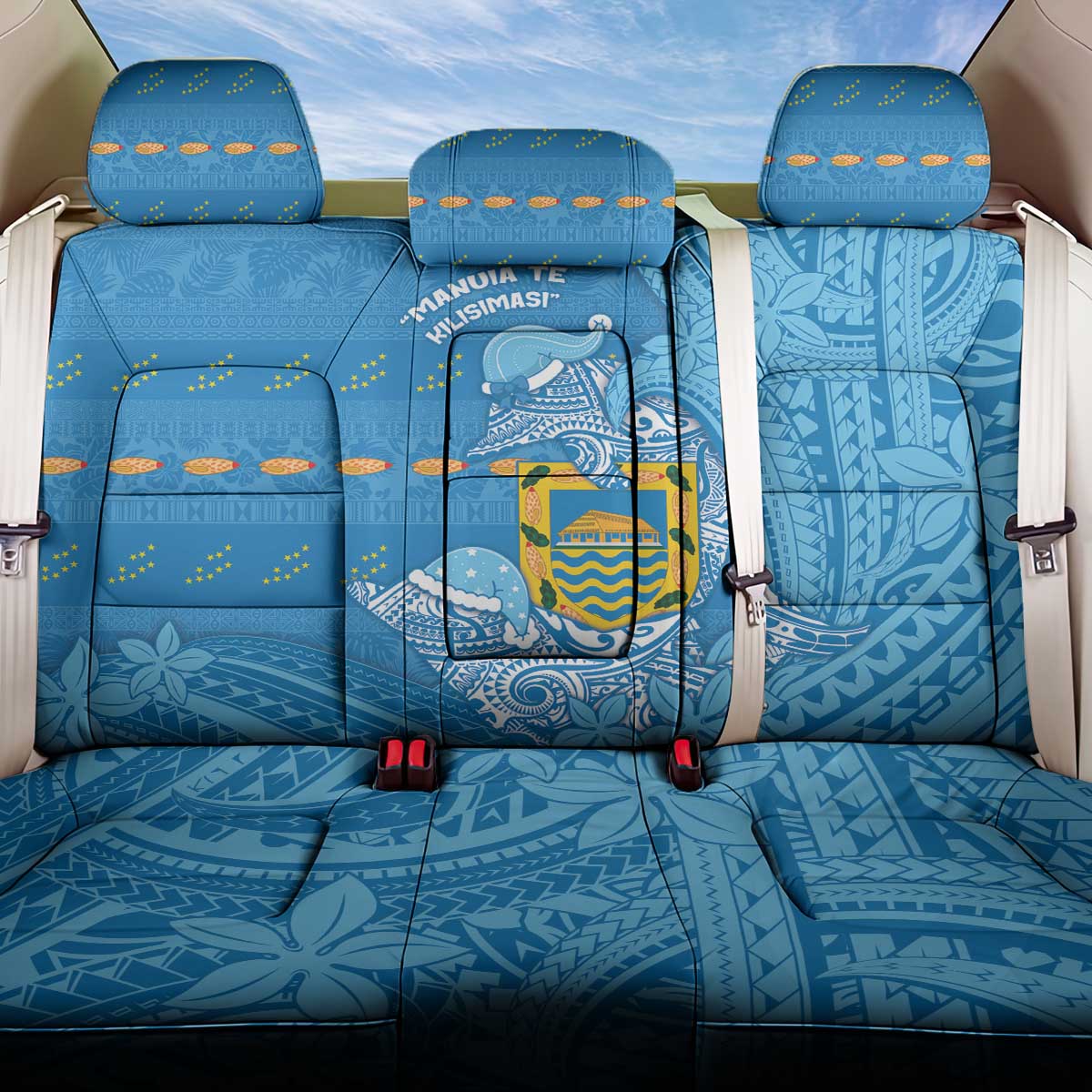 Tuvalu Christmas Back Car Seat Cover Dolphins Santa Xmas Tribal Waves - Polynesian Pride