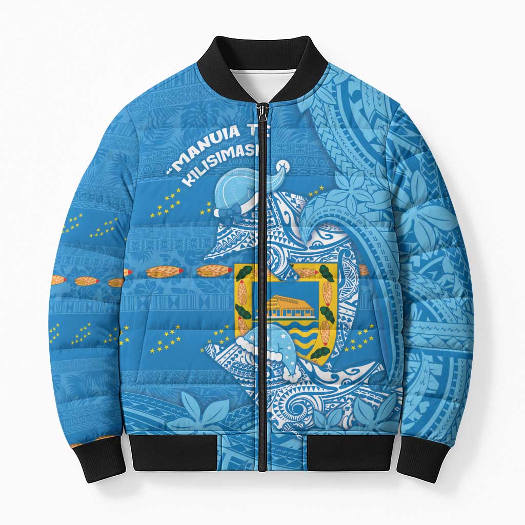 Tuvalu Christmas Bomber Puffer Jacket Dolphins Santa Xmas Tribal Waves - Polynesian Pride