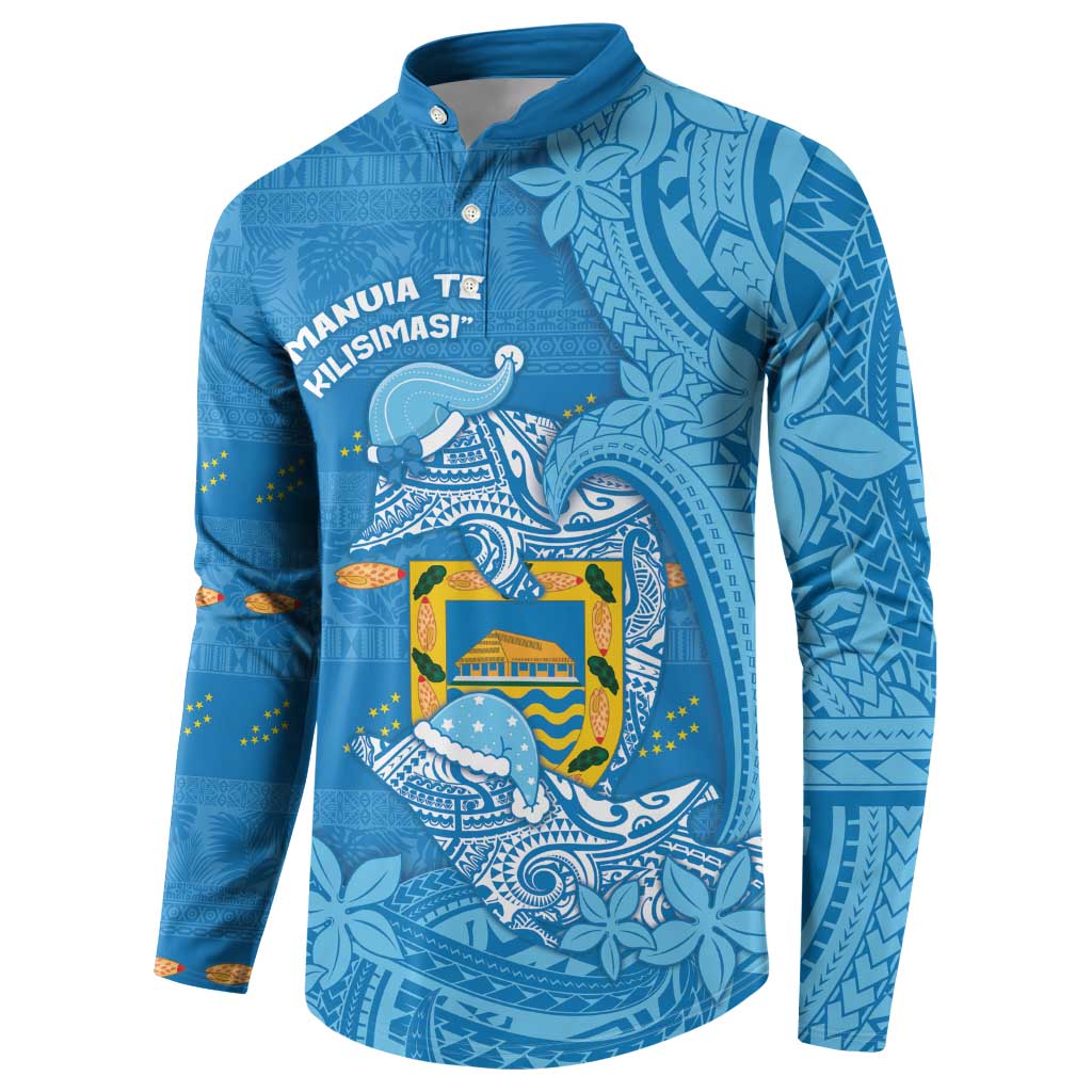 Tuvalu Christmas Button Sweatshirt Dolphins Santa Xmas Tribal Waves - Polynesian Pride