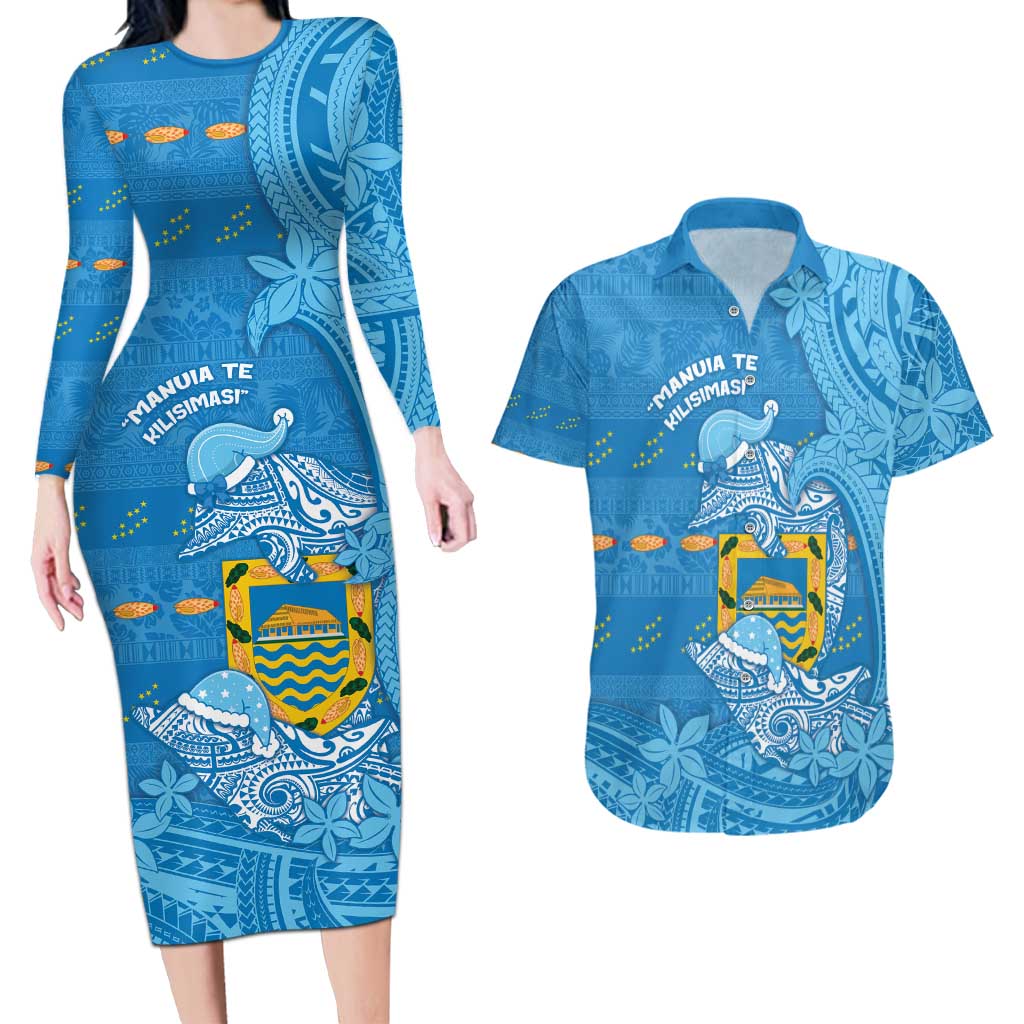 Tuvalu Christmas Couples Matching Long Sleeve Bodycon Dress and Hawaiian Shirt Dolphins Santa Xmas Tribal Waves - Polynesian Pride