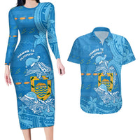 Tuvalu Christmas Couples Matching Long Sleeve Bodycon Dress and Hawaiian Shirt Dolphins Santa Xmas Tribal Waves - Polynesian Pride